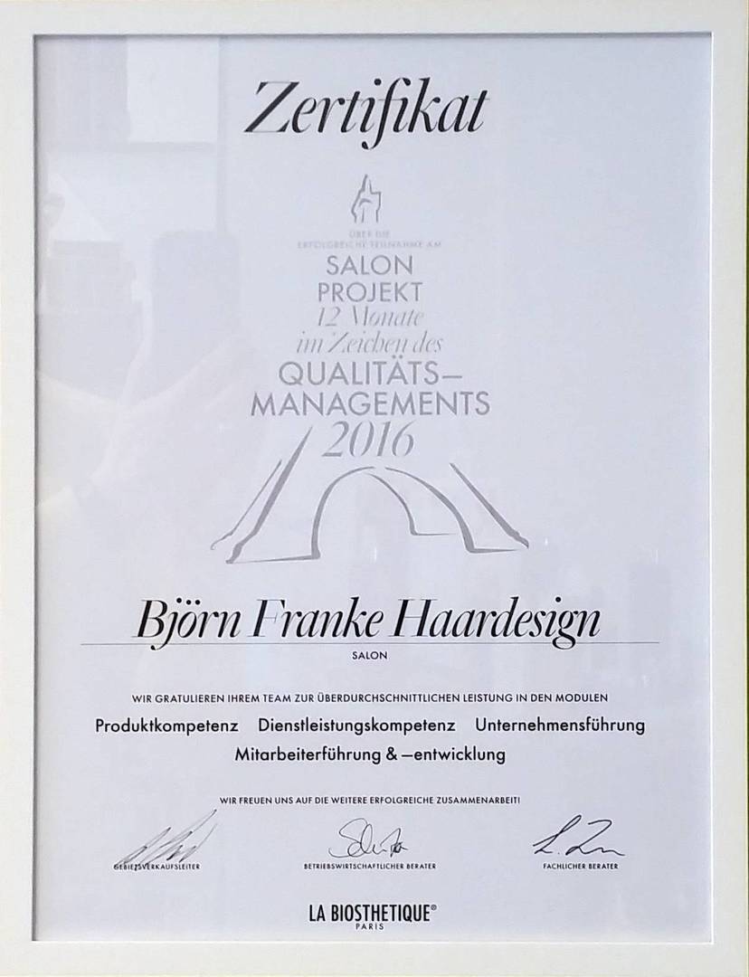 Zertifikat Qualitätsmanagement La Biosthetique